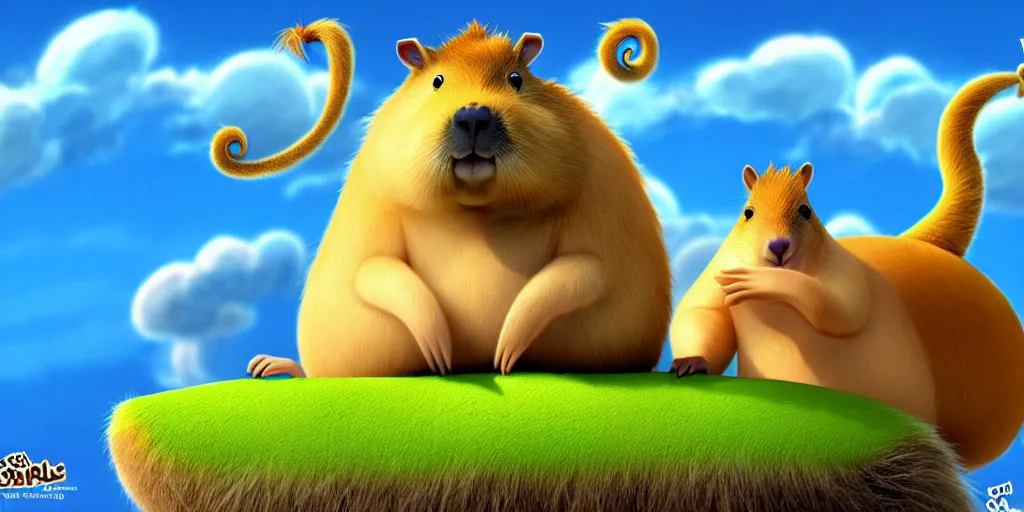 Image similar to cartoon concept art, capybara character, spiral clouds, from lorax movie