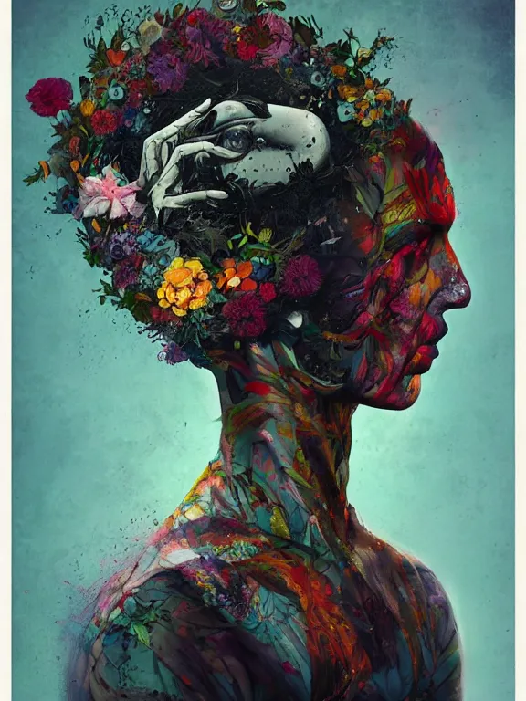 Image similar to art portrait of man with flower in head,by tristan eaton,Stanley Artgermm,Tom Bagshaw,Greg Rutkowski,Carne Griffiths,trending on DeviantArt,face enhance,chillwave,minimalist,ghost in the shell,decay,full of colour,