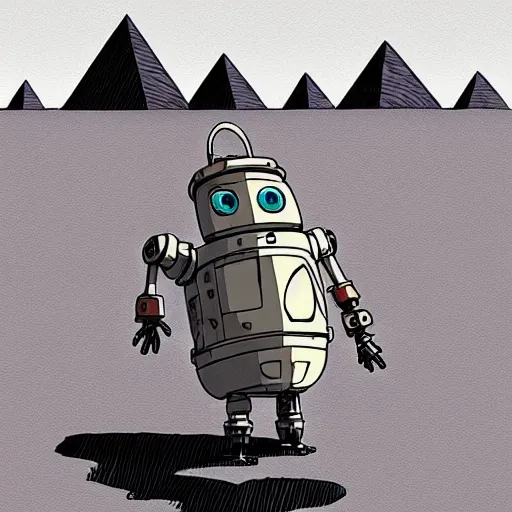 Prompt: a study of cell shaded cartoon of a grey robot from howl's moving castle ( 2 0 0 4 ) building pyramids on a desert road, full body, wide shot, very muted colors, post grunge, studio ghibli, laurie greasley, highly detailed, deviantart, art by artgem