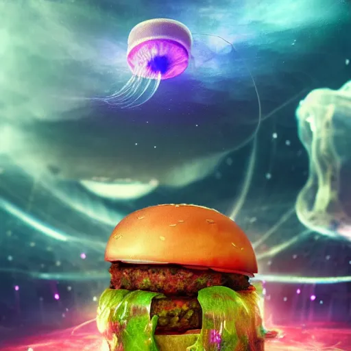 Image similar to A jellyfish like burger, its translucent wraps the nebula in the depths of space. Ultra clear material. 3D concept art. octane render. cinematic lighting, intricate details.