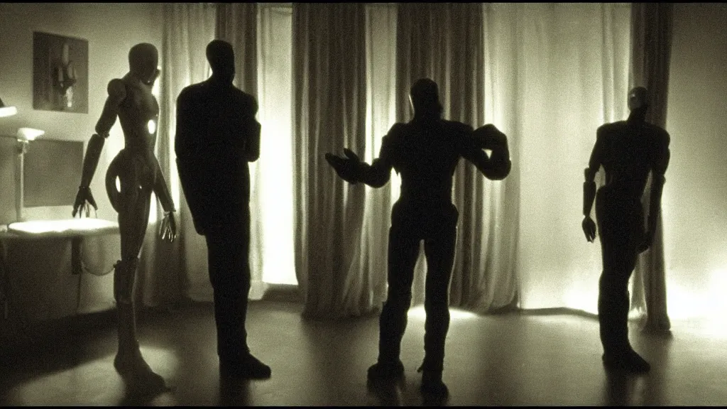Image similar to movie scene of a man and a robot having a moment of jealousy, movie still, cinematic composition, cinematic light, by david lynch and gaspar noe