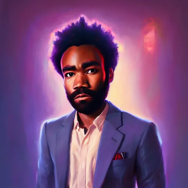 Prompt: portrait of donald glover by mandy jurgens, cartoon, oil painting, visionary art, symmetric, magic symbols, holy halo, dramatic ambient lighting, high detail, vibrant colors,