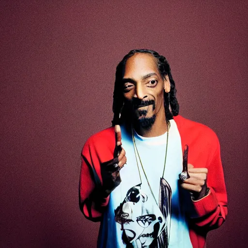 Image similar to Snoop Dog with big eyes eye color red , smiling and holding a joint in his hand