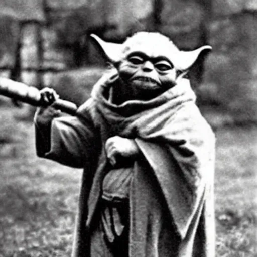 Prompt: Old photo of a hunter holding up the Yoda he caught