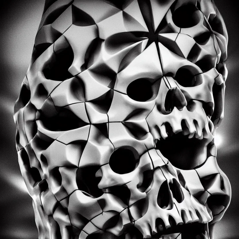 Image similar to black and white light 3D geometry, skull, matte bright highly detailed, poetic, 3D render, digital art, octane render, 8K artistic photography, photo-realistic, by Dora Maar