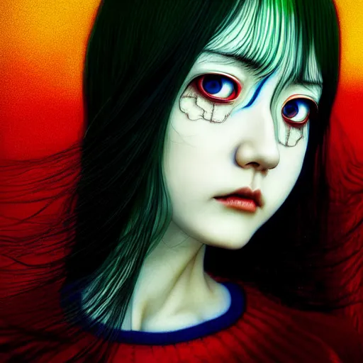 Image similar to look at me by junji ito, green red black blue eyes and long black hair by junji ito, painted by junji ito, rtx reflections, octane render 1 2 8 k, extreme high intricate details by wlop, digital anime art by ross tran, wide shot, composition by tom bagshaw, lighting by wlop