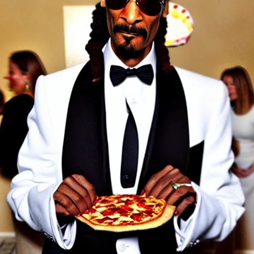 Image similar to photograph of snoop dogg in a white tuxedo eating pizza