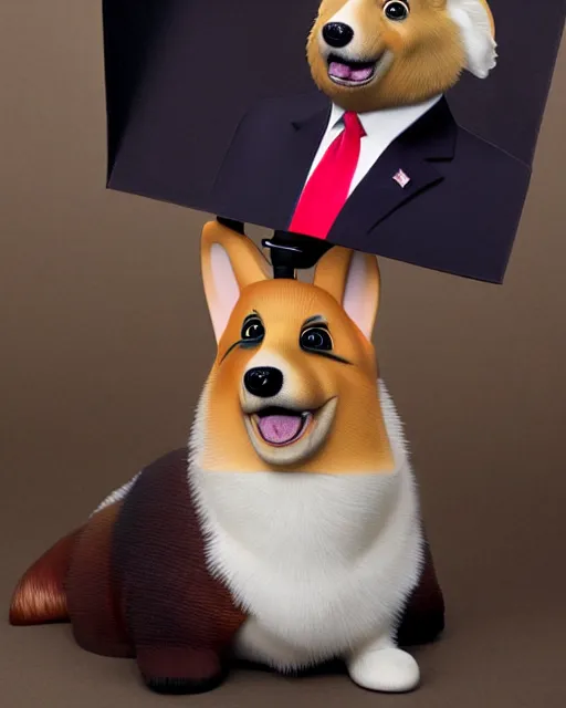 Image similar to hyperreal derailed maquette of a corgi dog as donald trump, donald trump ’ s head on the neck of a corgi dog body, creature design by rick baker, jordu schell style, studio lighting