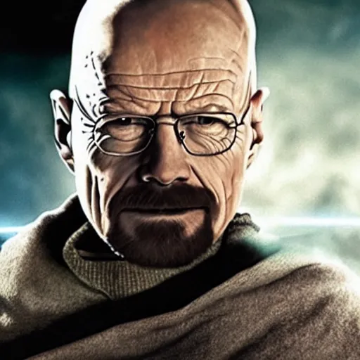 Image similar to realistic photo of walter white as a jedi from star wars, using jedi clothes and with a lightsaber