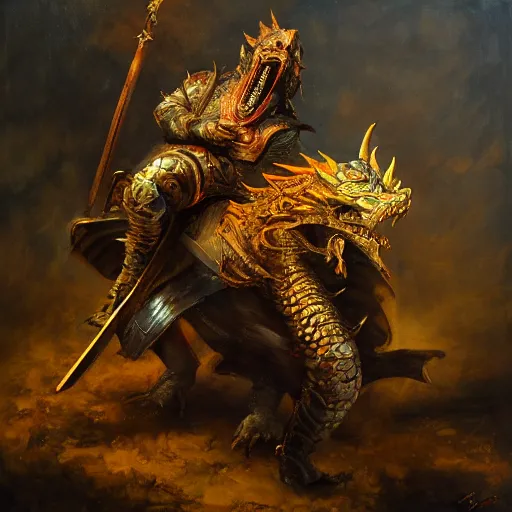 Prompt: armoured ginger man stands triumphantly on the corpse of a dragon, bloody spear in hand, oil painting, dramatic lighting