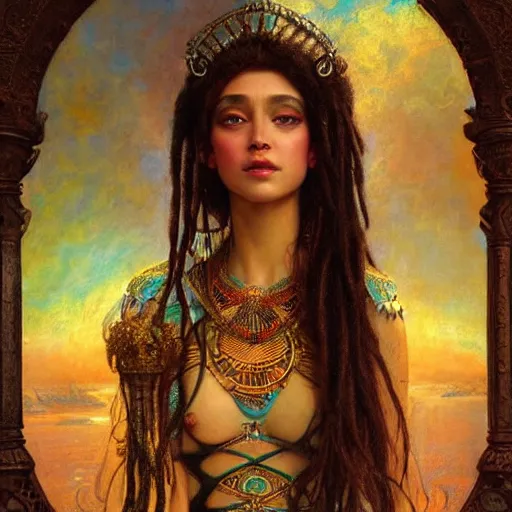 Image similar to artstation, intricate detail, portrait by gaston bussiere, tan skin, lady of elche, egyptian sumerian features, techno mystic dominatrix goddess princess intergalactica inanna with aqua neon rapunzel dreadlocks,