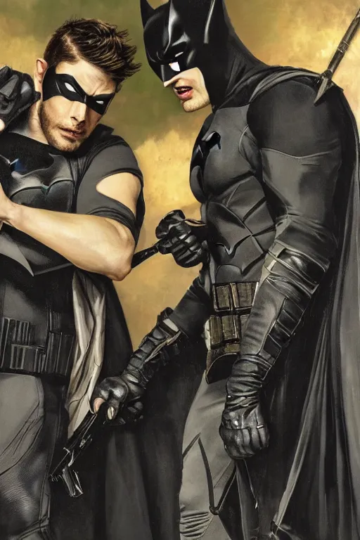 Image similar to a detailed matte portrait of jensen ackles and misha collins dressed as batman and robin, masterpiece, 8 k, art by alphonse mucha and greg rutkowski