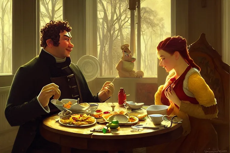 Prompt: russian poet alexander pushkin and shrek having breakfast together, portrait, highly detailed, digital painting, artstation, concept art, smooth, sharp focus, illustration, cinematic lighting, art by artgerm and greg rutkowski and alphonse mucha