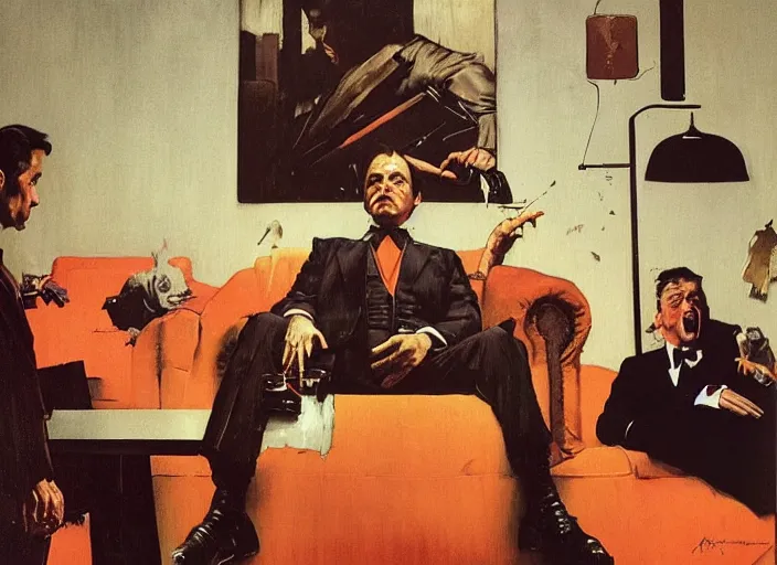 Image similar to a still from the movie godfather by of francis bacon and norman rockwell and james jean, a still from avenger : endgame, mark brooks, triadic color scheme, by greg rutkowski, syd mead and edward hopper and norman rockwell and beksinski, dark surrealism, orange and turquoise and purple