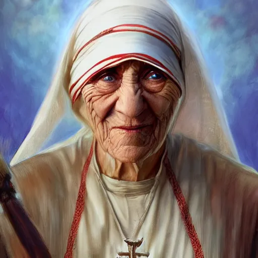 Prompt: Mother Teresa as a fantasy D&D knight, portrait art by Donato Giancola and Bayard Wu, digital art, trending on artstation, 4k