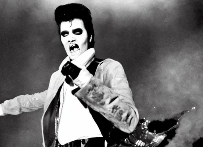 Image similar to Creepy found footage of zombie Elvis performing on stage in an empty stadium