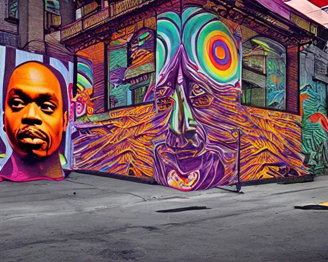 Image similar to Dave Chappelle, Kayne West, and Jackie Chan doing LSD, a photo of Chinatown Streets By Rainer Hosch, and Alex Grey