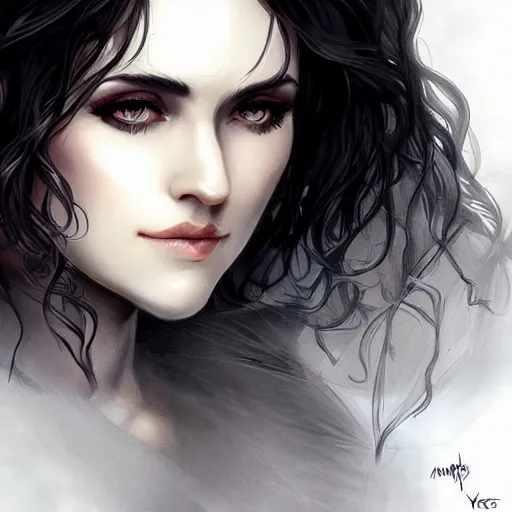 Image similar to yennefer, beautiful face, rule of thirds, intricate outfit, by artgerm