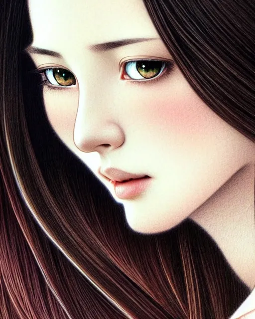 Image similar to ' daydreaming woman with long straight silky hair ', closeup shot of face, beautiful shadowing, soft shadowing, reflective surfaces, illustrated completely, 8 k beautifully detailed pencil illustration, extremely hyper - detailed pencil illustration, intricate, epic composition, masterpiece, bold complimentary colors. stunning masterfully illustrated by artgerm, range murata, alphonse mucha, katsuhiro otomo.