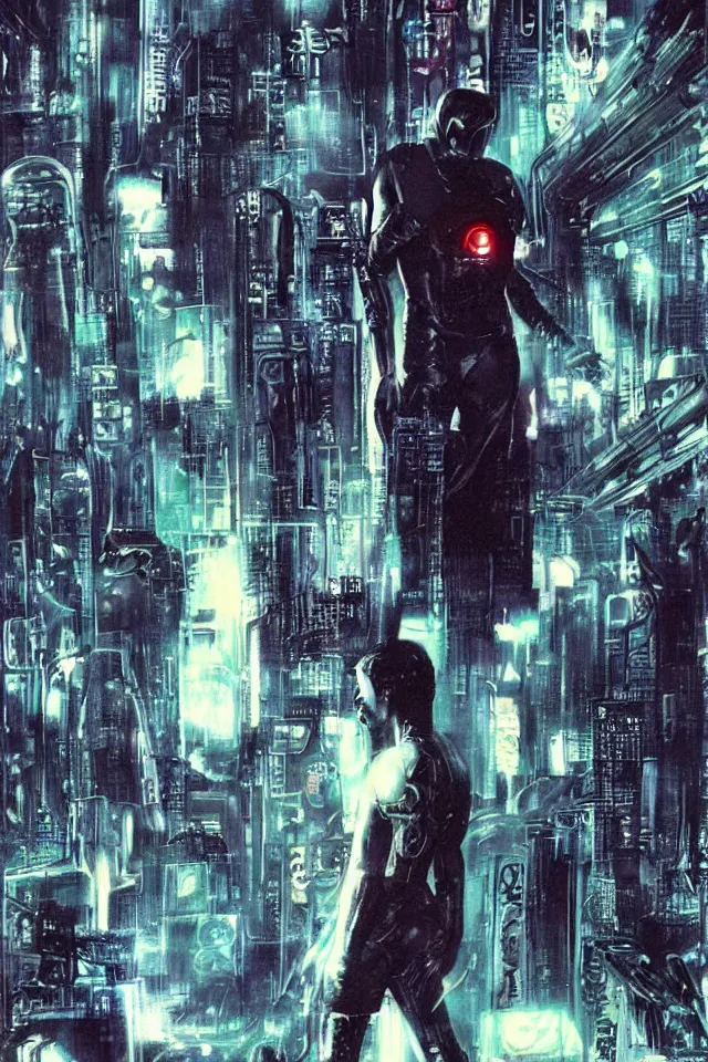 Image similar to artwork by Ridley Scott showing a android dreaming about electric sheep, cyberpunk, Blade Runner