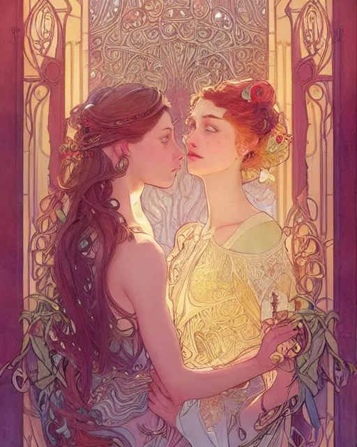 Prompt: romance | highly detailed | very intricate | art nouveau | gold filigree | romantic storybook fantasy | soft cinematic lighting | award - winning | disney concept art watercolor illustration by mandy jurgens and alphonse mucha and alena aenami | pastel color palette | featured on artstation
