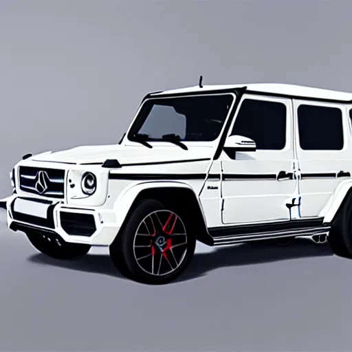 Image similar to White 2019 Mercedes G63, photorealistic, highly detailed, digital painting, artstation, concept art, smooth, sharp focus, illustration, art by John Baeder