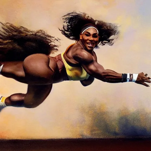 Prompt: ultra realistic portrait painting of serena williams leaping hurdles at the track, art by frank frazetta, 4 k, ultra realistic, highly detailed, epic lighting.