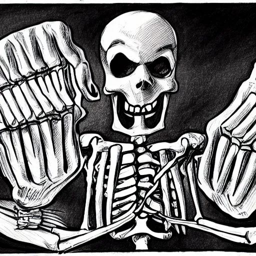 Image similar to a black and white detailed comic cartoon drawing of the skeleton of death giving a thumbs up and smiling, trending on artstation, 4 k