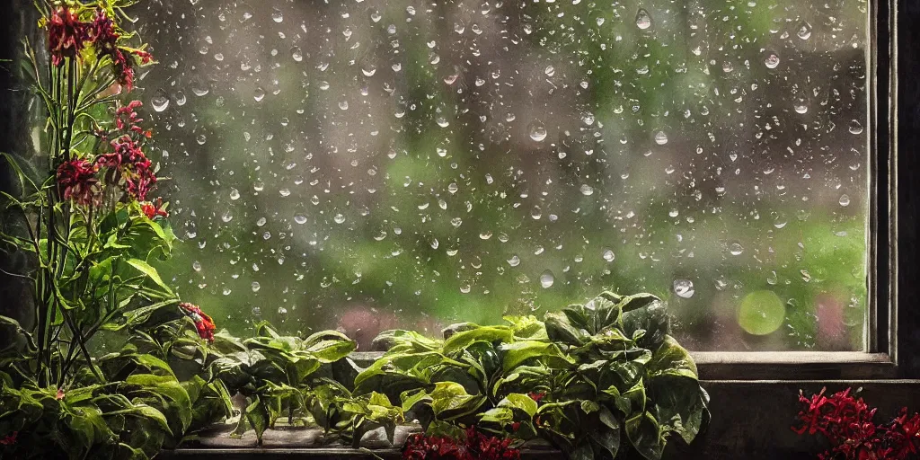 Prompt: rain drops on a window pane, cozy garden in background,, high detail, full length, Realistic, Regal, Refined, Detailed Digital Art, Exquisite detail, post-processing, masterpiece, Cinematic Lighting