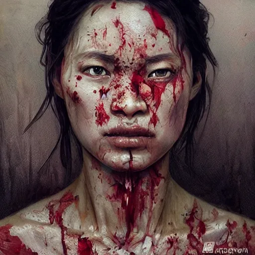 Prompt: portrait painting of a bloodied north indonesian female butcher, ultra realistic, concept art, intricate details, eerie, highly detailed, photorealistic, octane render, 8 k, unreal engine. art by artgerm and greg rutkowski and alphonse mucha