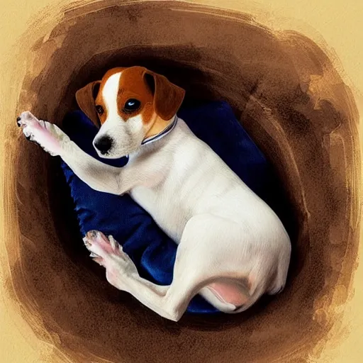 Image similar to adorable jack russel terrier laying in dog bed, in the livingroom, fantasy art, artstation character design contest winner, trending on cgsociety, concept art, speedpaint, beautiful digital art, jesper ejsing, james jean, justin gerard, fenghua zhong, makoto shinkai, highly detailed