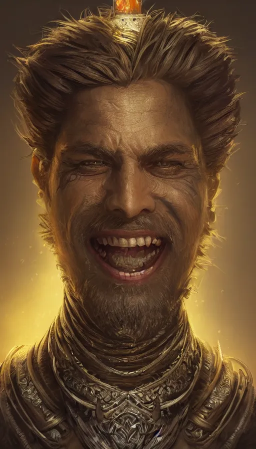 Image similar to ugly smile, king of bandits, rough, fame of thrones, lord of daggers, neon, fibonacci, sweat drops, insane, intricate, highly detailed, digital painting, artstation, concept art, smooth, sharp focus, illustration, Unreal Engine 5, 8K, art by artgerm and greg rutkowski and alphonse mucha