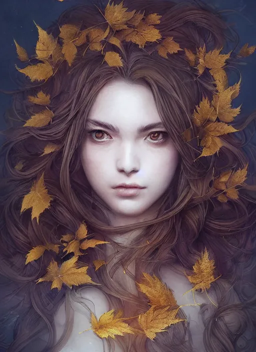 Prompt: golden leaves at frame border, creative!!! composition for a book cover, moon, beautiful portrait painting, a female witch absurdly beautiful, ultrafine hyperrealistic detailed face by wlop and artgerm and greg rutkowski, intricate linework, sharp focus, smooth, octopath traveler, final fantasy, unreal engine, dramatic lighting, ethereal, 8 k