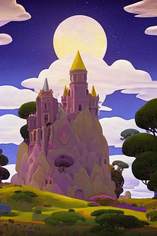 Image similar to distance view of the painted tower of the moon in its gardens fairytale illustration, tall windows, beautiful tilework, dramatic cinematic lighting, rich colors, golden age illustration, by Nicholas Roerich and Ludwig Deutsch and and Sylvain Sarrailh and April Gornik ,unreal engine