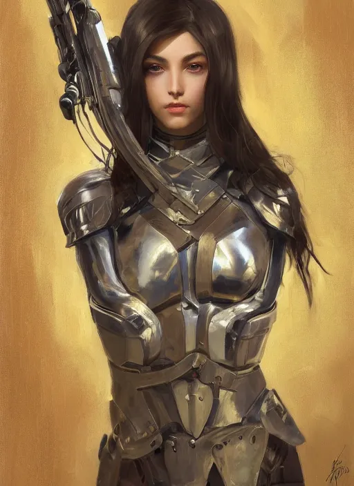 Image similar to a professional painting of a beautiful young female, clothed in military armor, olive skin, long dark hair, beautiful bone structure, symmetrical facial features, intricate, elegant, digital painting, concept art, smooth, sharp focus, illustration, from Metal Gear, by Ruan Jia and Mandy Jurgens and Artgerm and William-Adolphe Bouguerea