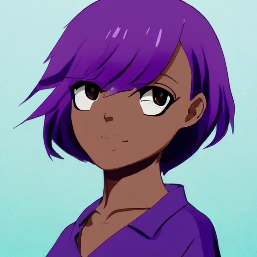 Prompt: a dark skinned anime tomboy with short purple hair