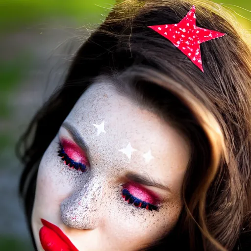 Prompt: close up portrait photo of the left side of the face of a brunette woman with stars inside her eyes, red lipstick and freckles. she looks directly at the camera. Slightly open mouth, face covers half of the frame, with a park visible in the background. 135mm nikon. Intricate. Very detailed 8k. Sharp. Cinematic post-processing. Award winning photography