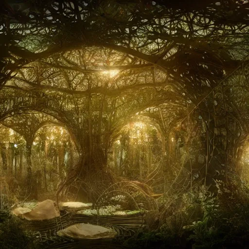 Image similar to biocomputer organs inside a bioneural antique lace in a biomechanical forest with biocomputer flowers, epic environment, matte painting, diffused lighting, highly detailed cinematic, epic atmosphere, diffused lighting, highly detailed digital art, trending on artstation, depth of field, wide angle