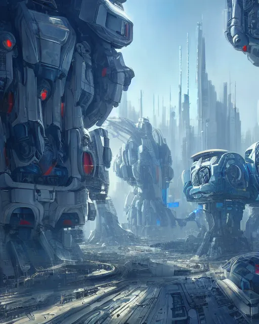 Image similar to Mecha construction robot, bulky armor, utopian city, white buildings, by Leon Tukker, synthetic light, blue trees, people on the streets, utopia, perfect, scifi, 8k high detail, masterpiece, trending on ArtStation