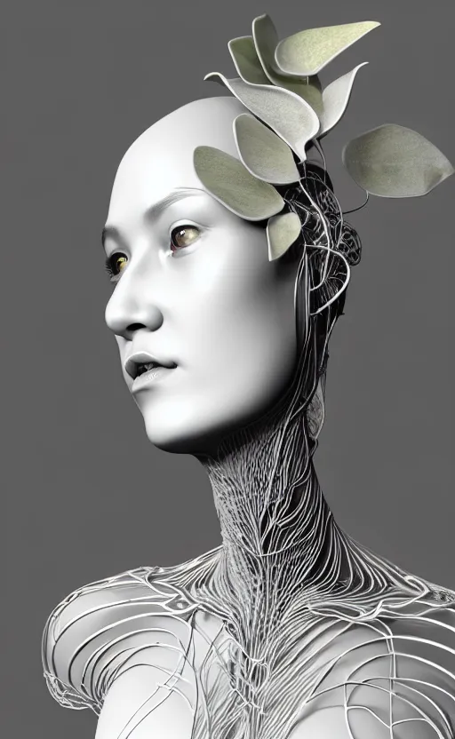 Image similar to complex 3d render of a beautiful porcelain profile woman face, vegetal dragon cyborg, 150 mm, beautiful natural soft light, rim light, silver details, magnolia leaves and stems, roots, fine lace, maze like, mandelbot fractal, anatomical, facial muscles, cable wires, microchip, elegant, highly detailed, white metallic armour, octane render, black and white, H.R. Giger style