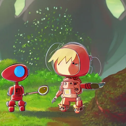 Prompt: cute little robot made of vegetables, tomato head and a carrot sword, made in abyss style standing on a forest