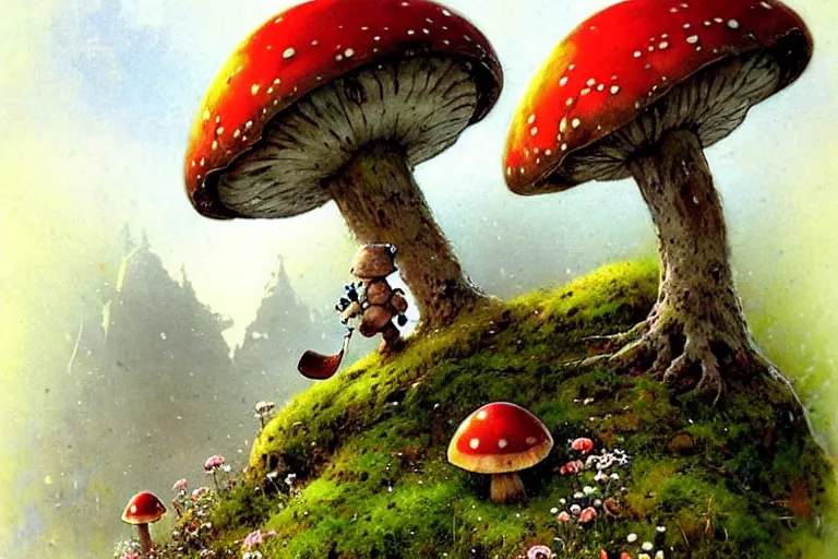 Image similar to adventurer ( ( ( ( ( 1 9 5 0 s retro future robot android mouse in forrest of giant mushrooms, moss and flowers stone bridge. muted colors. ) ) ) ) ) by jean baptiste monge!!!!!!!!!!!!!!!!!!!!!!!!! chrome red