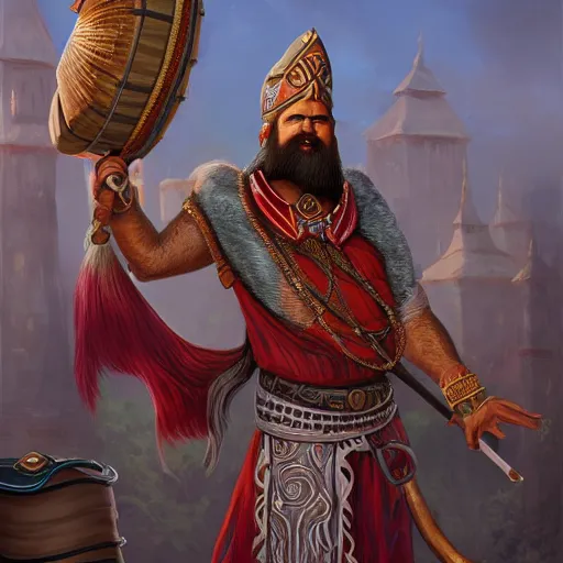 Image similar to Male Naga-Hashka (from D&D) bearded bard holding a drum, ornately dressed, standing in populated Baldur\'s Gate city square, hyperdetailed, artstation, cgsociety, 8k