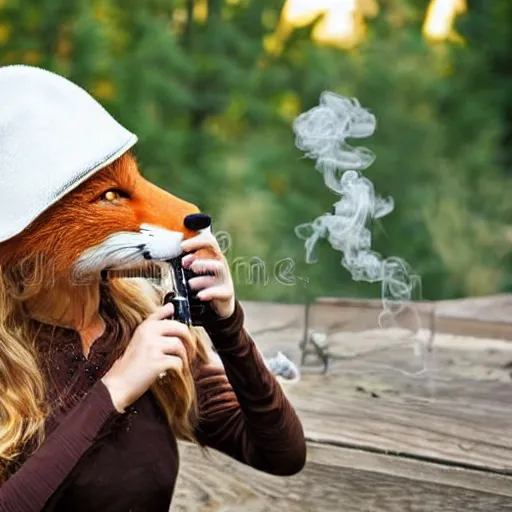 Image similar to a polygamous fox with a hat drinking beer and smoking e - cigarette, stock photo