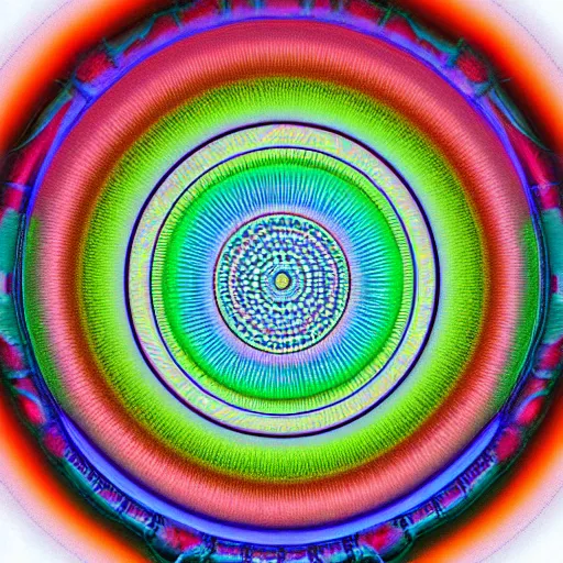 Image similar to a close up of a circular object with many colors, an ultrafine detailed painting by paul bodmer, behance, generative art, fractalism, biomorphic, quantum wavetracing