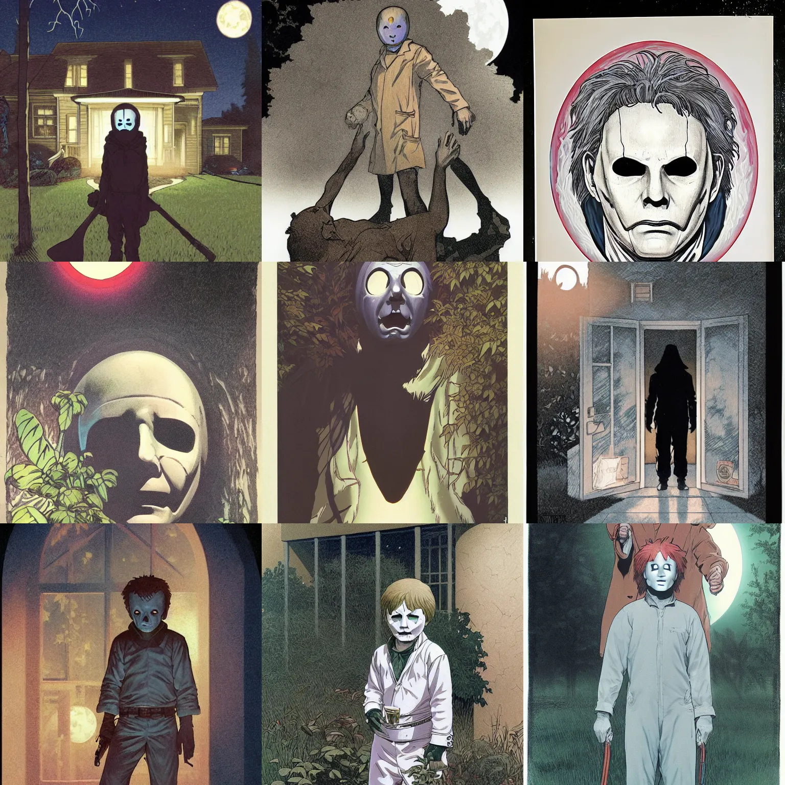 Prompt: michael myers in outside the myers house, halloween night, finely illustrated pale mask, moon light, shrubs, highly detailed, colored pencil, gainax, tankobon, in the style of ilya kuvshinov and yoshiyuki sadamoto and william - adolphe bouguereau and alphonse mucha