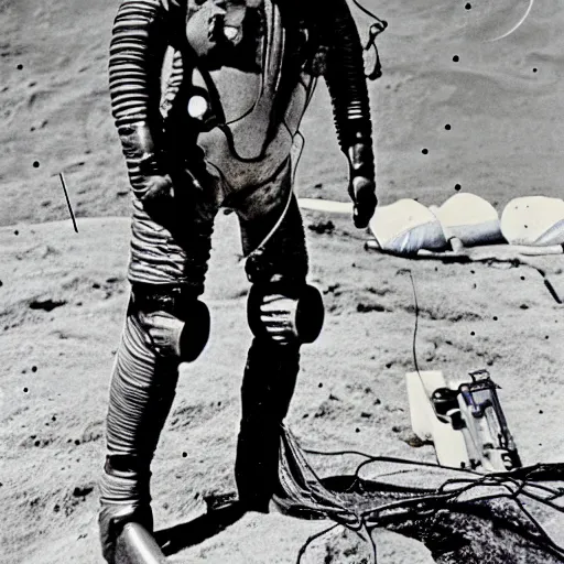 Prompt: detailed photo of a diver wearing an early diving suit on the moon holding an electric guitar. old diving suit. old diving suit photos. detailed. colorized