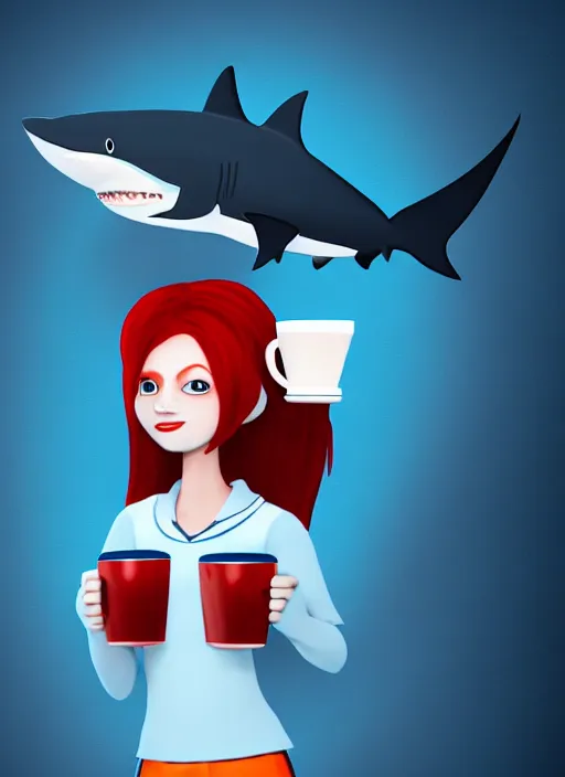 Prompt: female anthropomorphic blue shark with red hair holding a cup of coffee, cinematic lighting, hyper detailed, digital art, furry art style