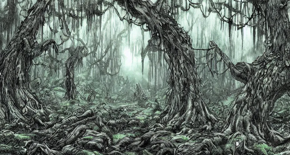 Prompt: A dense and dark enchanted forest with a swamp, from Berserk