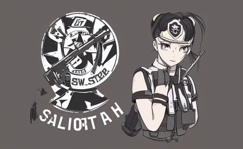 Image similar to T-shirt design, portrait of soldier girl, 2022 anime style, clean logo, graphic templates, flight squadron insignia, vintage saturation, soldier clothing, realistic military gear, inspired by shirt designer, made in blender, round background, vector line art, by oda, trending on pixiv, symbology, realistic human anatomy, high resolution, matte, empty hands, realistic military carrier